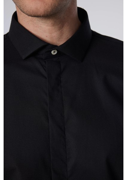 Slim Fit Uzun Kollu Dar Kesim Gizli Pat Pamuklu Siyah Erkek Gömlek fırsatları