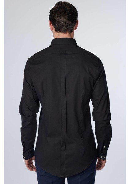 Slim Fit Uzun Kollu Dar Kesim Gizli Pat Pamuklu Siyah Erkek Gömlek indirimleri