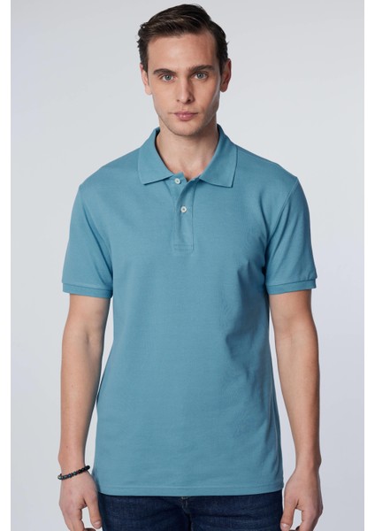 Erkek Slim Fit Dar Kesim Pamuk Düz Pike Mavi Polo Yaka Tişört