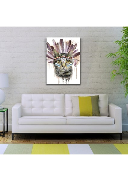 Kızılderili Kıyafetli Sevimli Kedi Kanvas Tablo 50 x 70 modelleri