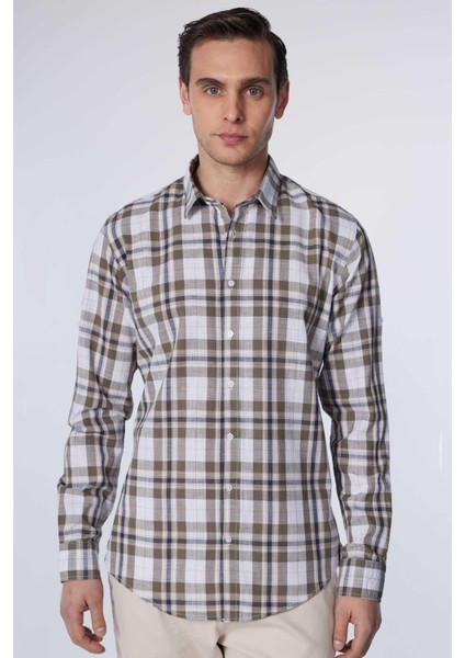Slim Fit Uzun Kollu Dar Kalıp Kareli Keten Doku Yazlık Erkek Gömlek