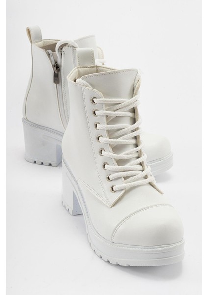 Bağcıklı Topuklu Bot BEYAZ CİLT