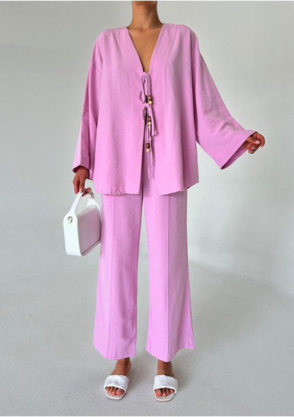 Pembe Boncuklu Kimono Keten Takım