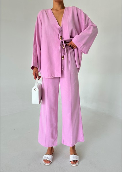 Pembe Boncuklu Kimono Keten Takım