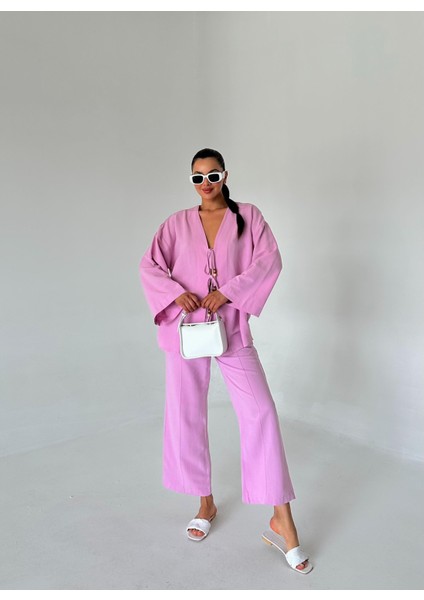 Pembe Boncuklu Kimono Keten Takım