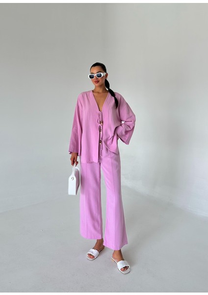 Pembe Boncuklu Kimono Keten Takım