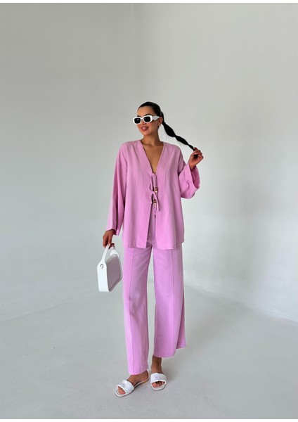 Pembe Boncuklu Kimono Keten Takım