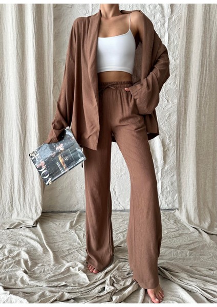 Kahve Şal Yaka Kimono Pantolon Takım fiyatları
