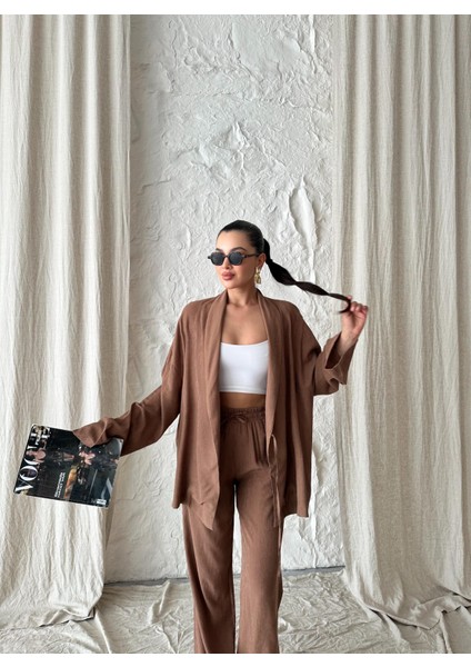 Kahve Şal Yaka Kimono Pantolon Takım modelleri