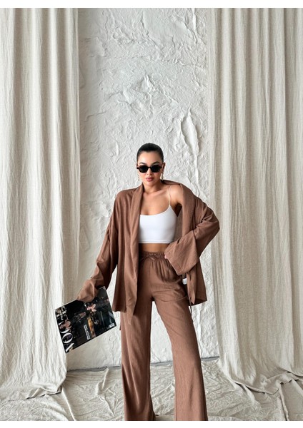 Kahve Şal Yaka Kimono Pantolon Takım fırsatları