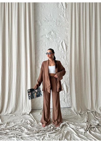 Kahve Şal Yaka Kimono Pantolon Takım indirimleri