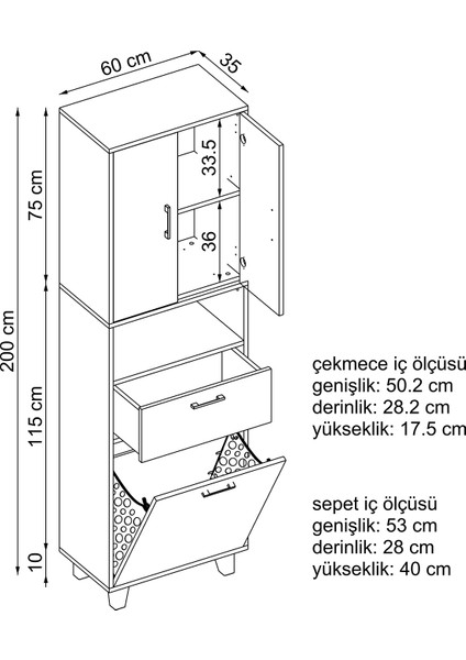 Çamaşır Sepetli Banyo Dolabı, Çok Amaçlı Çekmeceli Dolap 60 x 200 cm