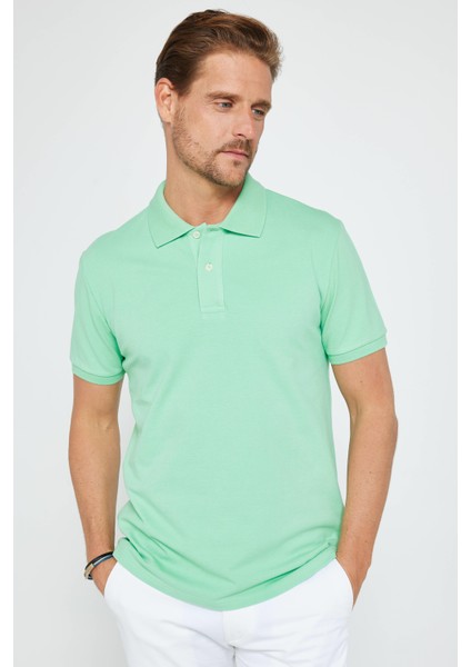 Erkek Slim Fit Dar Kesim Pamuk Düz Pike Mint Polo Yaka Tişört