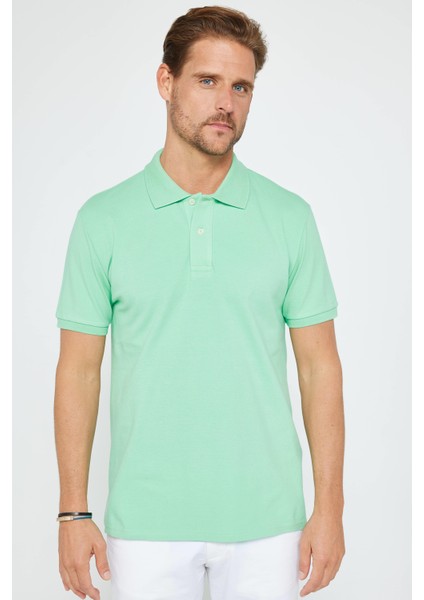 Erkek Slim Fit Dar Kesim Pamuk Düz Pike Mint Polo Yaka Tişört