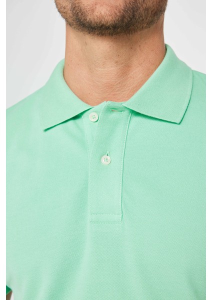 Erkek Slim Fit Dar Kesim Pamuk Düz Pike Mint Polo Yaka Tişört