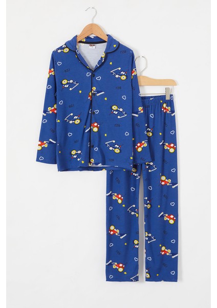Lacivert Araba Baskılı Düğmeli Erkek Çocuk Pijama Takımı 18670