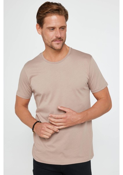 Erkek Slim Fit Dar Kesim Bisiklet Yaka Organik Pamuk Yumuşak Dokulu Kısa Kol Vizon Tişört fiyatları