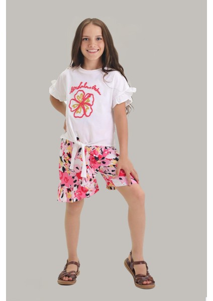 Çiçek Nakış Desenli Bağlamalı Şortlu Kız Çocuk şortlu takım - Kırmızı