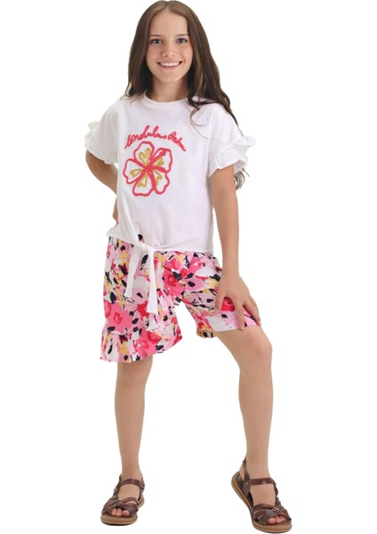 Çiçek Nakış Desenli Bağlamalı Şortlu Kız Çocuk şortlu takım - Kırmızı fiyatları