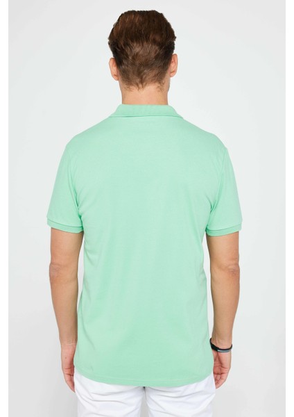 Erkek Slim Fit Dar Kesim Pamuk Düz Pike Mint Polo Yaka Tişört