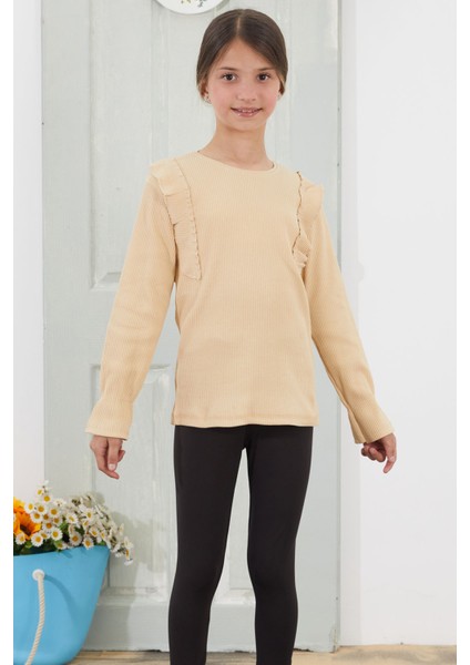 Krem Omzu Fırfırlı Fitilli Kız Çocuk Uzun Kollu Badi 18756