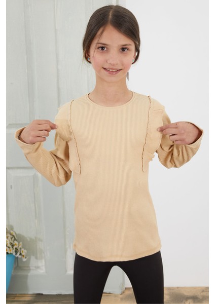 Krem Omzu Fırfırlı Fitilli Kız Çocuk Uzun Kollu Badi 18756 fiyatları