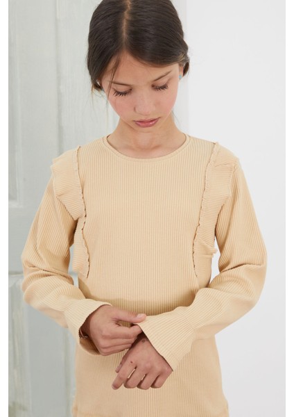 Krem Omzu Fırfırlı Fitilli Kız Çocuk Uzun Kollu Badi 18756 modelleri