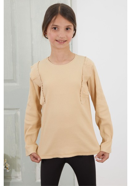Krem Omzu Fırfırlı Fitilli Kız Çocuk Uzun Kollu Badi 18756 fırsatları