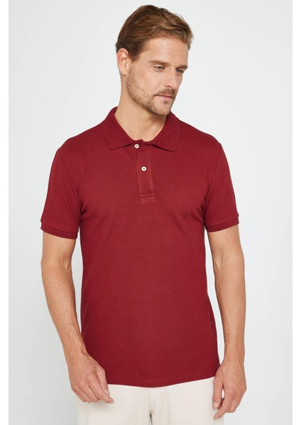 Erkek Slim Fit Dar Kesim Pamuk Düz Pike Bordo Polo Yaka Tişört