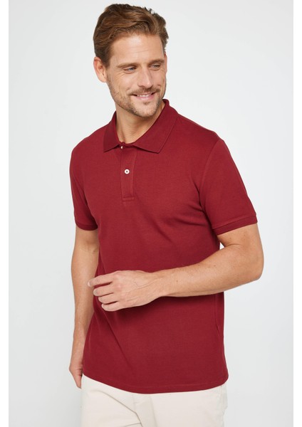 Erkek Slim Fit Dar Kesim Pamuk Düz Pike Bordo Polo Yaka Tişört