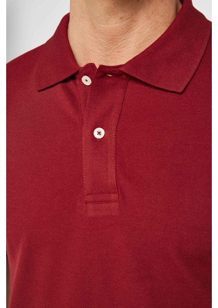 Erkek Slim Fit Dar Kesim Pamuk Düz Pike Bordo Polo Yaka Tişört