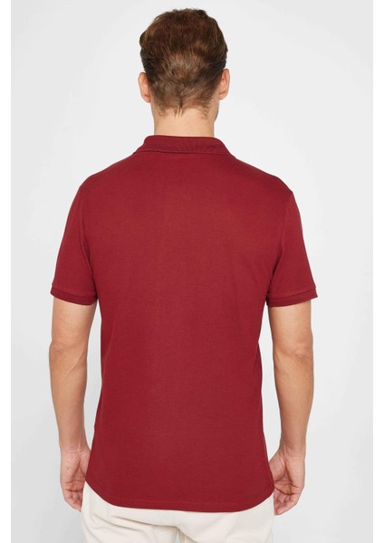 Erkek Slim Fit Dar Kesim Pamuk Düz Pike Bordo Polo Yaka Tişört