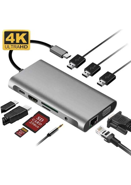 USB Tip C Hub Hdmı Sd/tf Kart VGA RJ45 Ethernet 3.5mm Jack 10IN1 Çevirici Çoklayıcı Adaptör