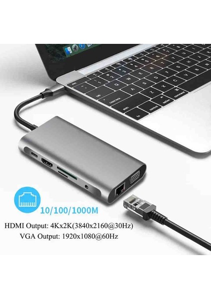 USB Tip C Hub Hdmı Sd/tf Kart VGA RJ45 Ethernet 3.5mm Jack 10IN1 Çevirici Çoklayıcı Adaptör