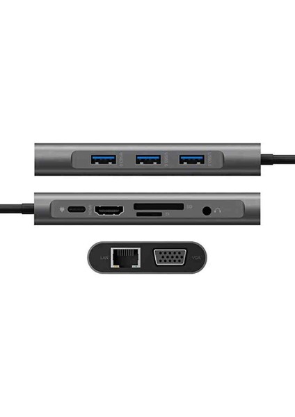 USB Tip C Hub Hdmı Sd/tf Kart VGA RJ45 Ethernet 3.5mm Jack 10IN1 Çevirici Çoklayıcı Adaptör