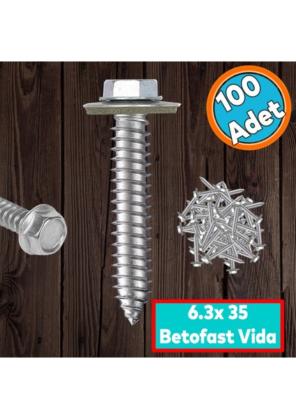 Betofast Vidası 6.3X35 mm Paket 100 Adet Sivri Uçlu Çatı Panel Beton Mdf Ağaç Vidası