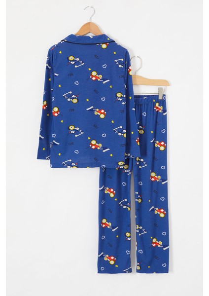 Lacivert Araba Baskılı Düğmeli Erkek Çocuk Pijama Takımı 18670 fırsatları