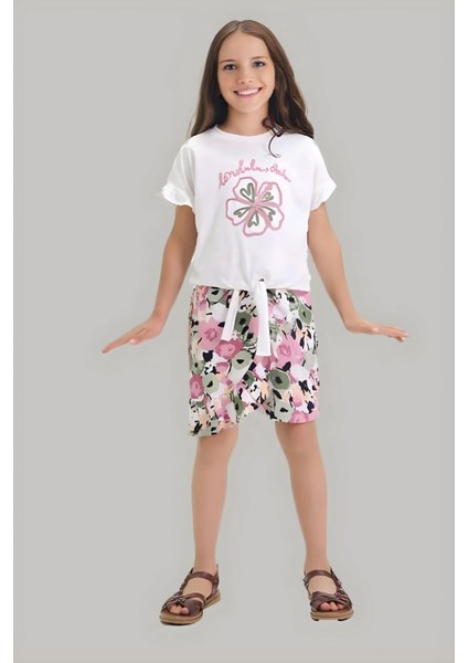 Çiçek Nakış Desenli Bağlamalı Şortlu Kız Çocuk şortlu takım - Gül Kurusu
