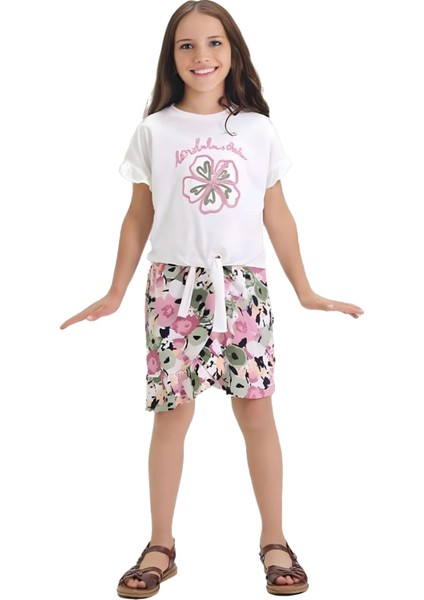 Çiçek Nakış Desenli Bağlamalı Şortlu Kız Çocuk şortlu takım - Gül Kurusu fiyatları