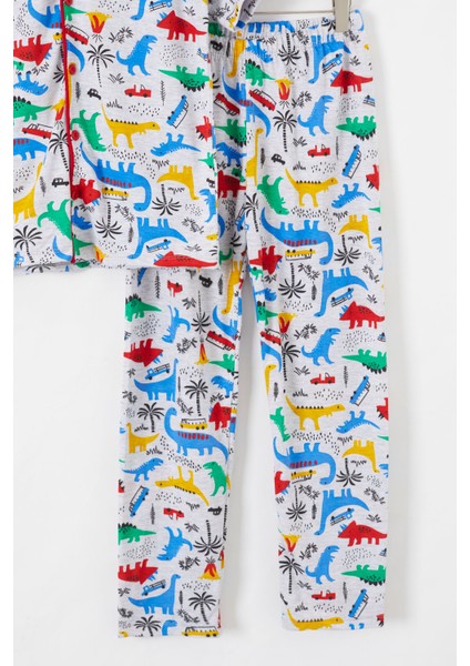 Gri Dinozor Baskılı Düğmeli Erkek Çocuk Kısa Kol Pijama Takımı 18691 modelleri