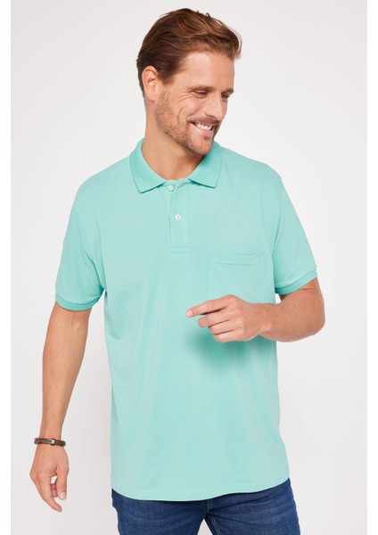 Erkek Klasik Fit Rahat Kesim Pamuk Düz Pike Mint Polo Yaka Tişört