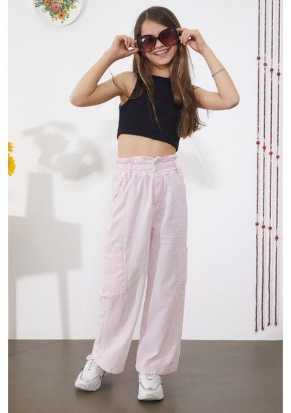 Pembe Yan Cepli Geniş Paça Kız Pantolon 18864