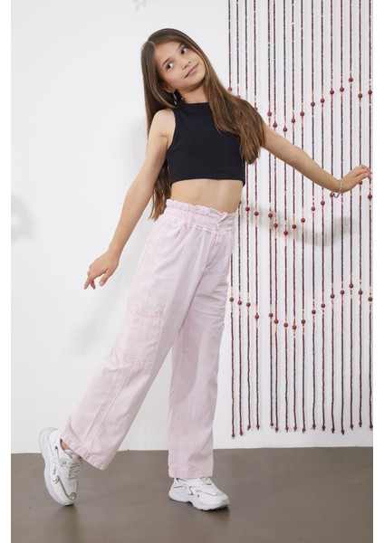 Pembe Yan Cepli Geniş Paça Kız Pantolon 18864 indirimleri