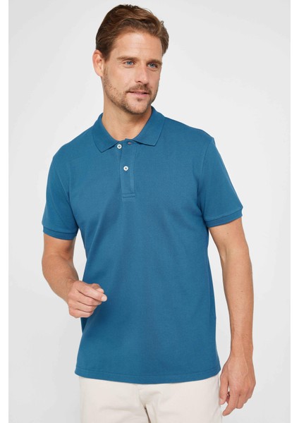 Erkek Slim Fit Dar Kesim Pamuk Düz Pike Petrol Rengi Polo Yaka Tişört