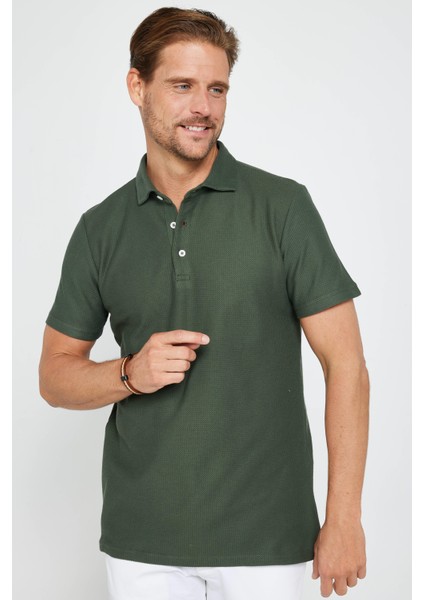 Erkek Slim Fit Dar Kesim Pamuk Armürlü Haki Polo Yaka Tişört