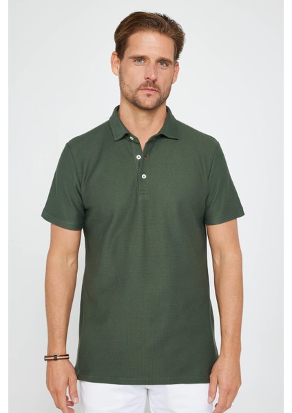 Erkek Slim Fit Dar Kesim Pamuk Armürlü Haki Polo Yaka Tişört fiyatları