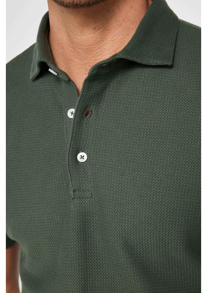 Erkek Slim Fit Dar Kesim Pamuk Armürlü Haki Polo Yaka Tişört fırsatları