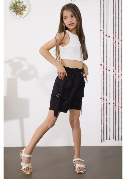 Siyah Kargo Cepli Beli Lastikli Kız Paraşüt Şort 18857