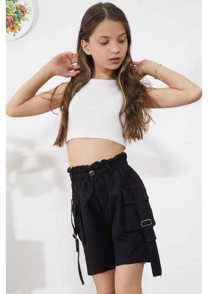 Siyah Kargo Cepli Beli Lastikli Kız Paraşüt Şort 18857 fırsatları