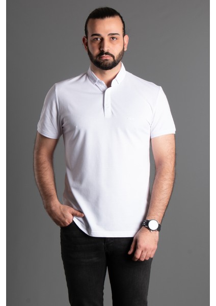 Erkek Beyaz Dokulu Düğmeli Polo Yaka T-Shirt